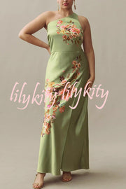 Wedding  Guest Satin Floral Print One Shoulder Side Slit Maxi Dress