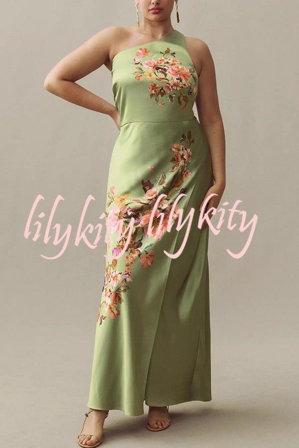 Wedding  Guest Satin Floral Print One Shoulder Side Slit Maxi Dress