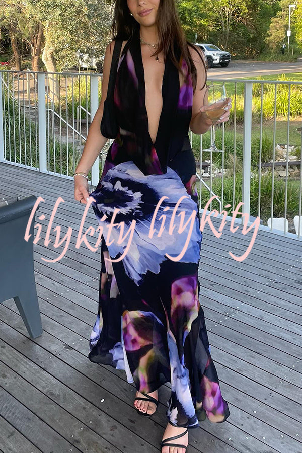 Bold and Sexy Tie-dye Abstract Floral Halter Drape Neck Backless Maxi Dress