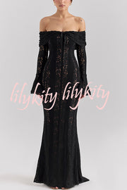 Outline The Curve Floral Lace Off Shoulder Bell Sleeve Stretch Maxi Dress