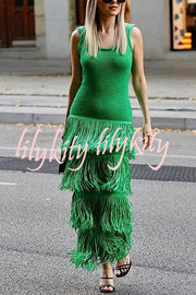 Solid Color Sleeveless Slim Fit Fringed Hem Knitted Midi Dress