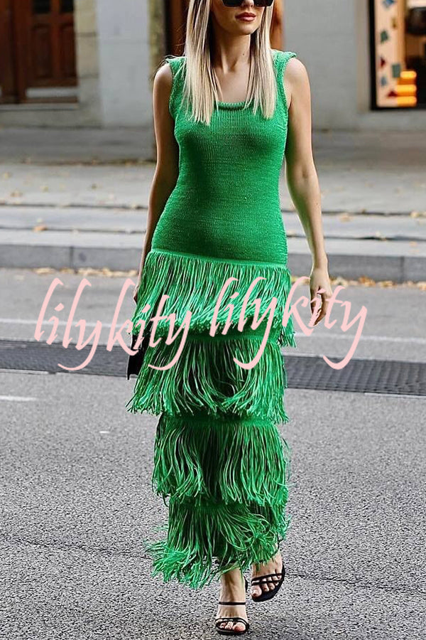 Solid Color Sleeveless Slim Fit Fringed Hem Knitted Midi Dress