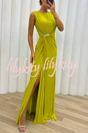 Pretty Special Pleated Embellished Slit Evening Maxi Dress