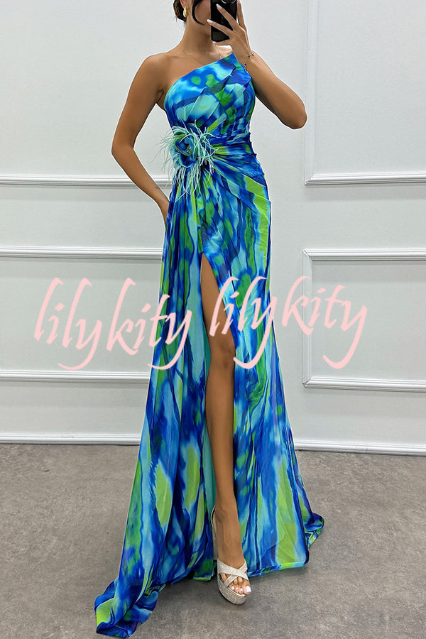 Amazing Views Watercolor Print Feather Rose Detail Off Shoulder Pleated Slit Maxi Dress