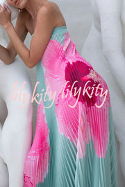 All about Her Pleated Floral Print Off Shoulder A-line Maxi Dress