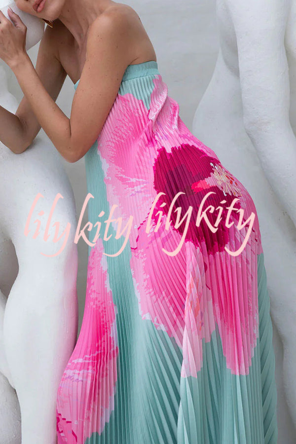 All about Her Pleated Floral Print Off Shoulder A-line Maxi Dress