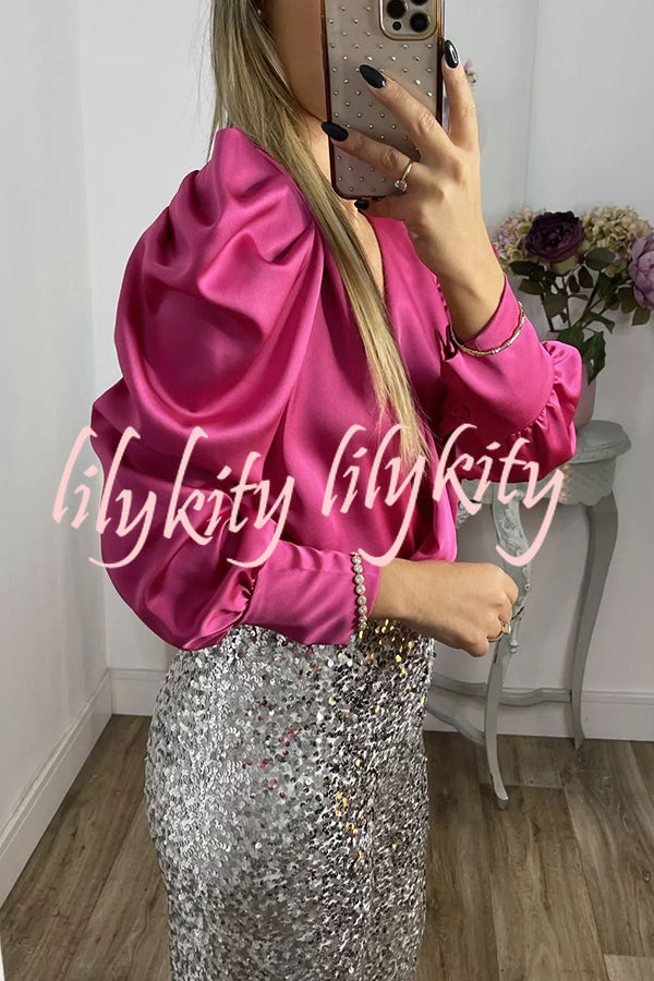 Perfectly Adored Satin Crossover Neckline Puff Sleeve Blouse