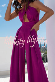 Easy Mode Cross-neck Halter Strap Backless Wide Leg Jumpsuit