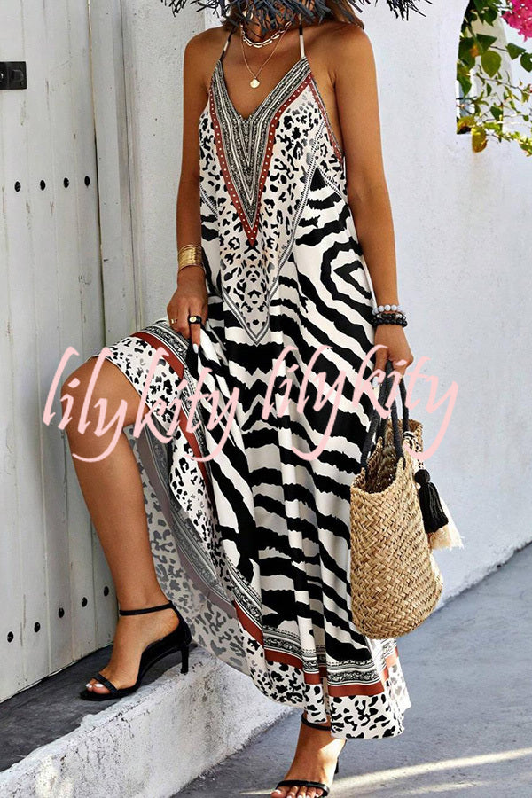 Zebra Print V-neck Open Back Loose Maxi Dress