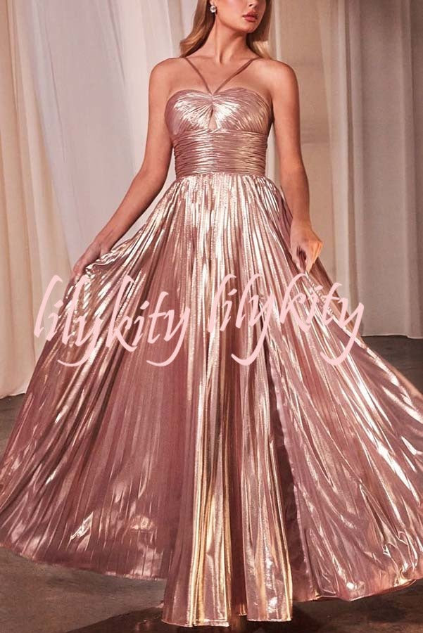 Make A Toast Metallic Fabric Cross Neck Cutout Slit Pleated Maxi Dress
