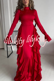 Cline Solid Color High Neck Long Sleeve Elegant Ruffles Maxi Dress