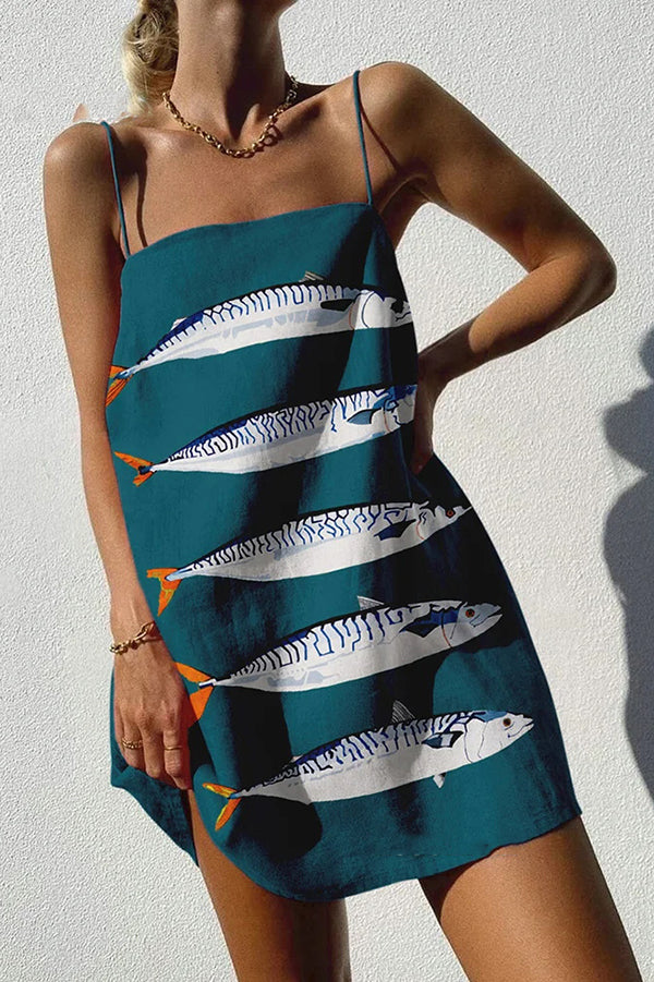 Unique Ocean Print Sexy Strappy Mini Dress