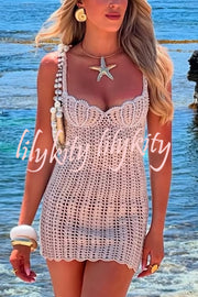 Fashion Pearl Embellished Knit Hollow Strap Mini Dress