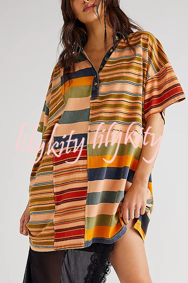 Contrast Striped Patchwork Denim Lapel Loose Casual Mini Dress