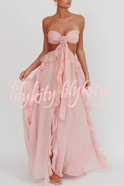 Gorgeous Vacation Halter Rose Detail Cut Out Ruffles Backless Maxi Dress