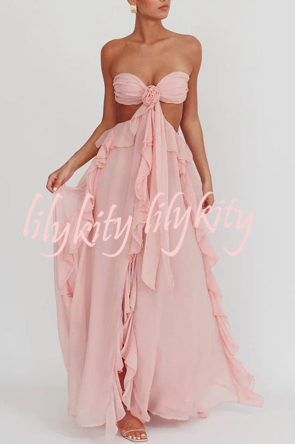 Gorgeous Vacation Halter Rose Detail Cut Out Ruffles Backless Maxi Dress