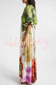 Floral Print Slant Collar Puff Sleeves Loose Holiday Maxi Dress