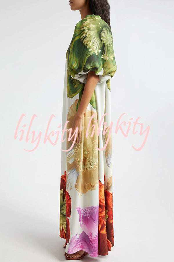 Floral Print Slant Collar Puff Sleeves Loose Holiday Maxi Dress
