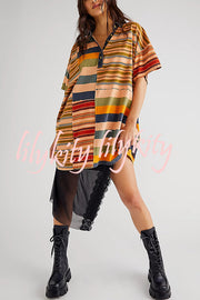 Contrast Striped Patchwork Denim Lapel Loose Casual Mini Dress