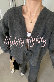 Solid Color V-neck Tie Long-sleeved Loose Knit Cardigan and Elastic Waist Casual Straight Leg Pants Set