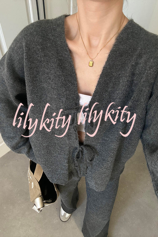 Solid Color V-neck Tie Long-sleeved Loose Knit Cardigan and Elastic Waist Casual Straight Leg Pants Set