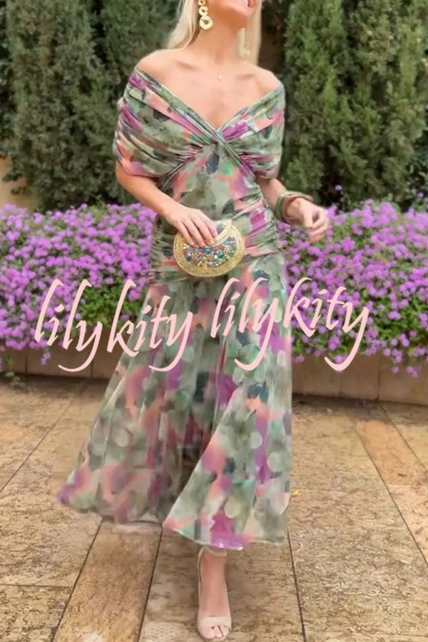 Unique Printed V-Neck Waisted Mesh Holiday Maxi Dress