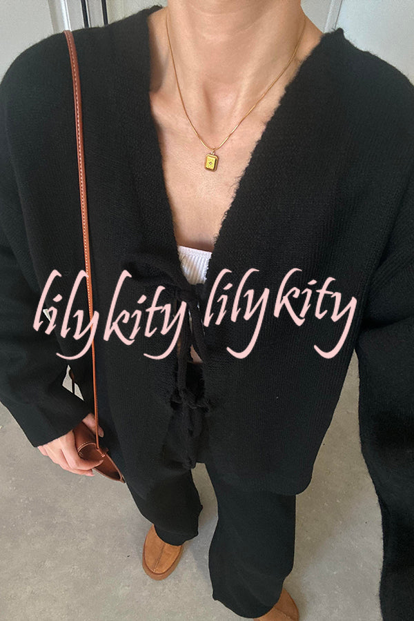 Solid Color V-neck Tie Long-sleeved Loose Knit Cardigan and Elastic Waist Casual Straight Leg Pants Set