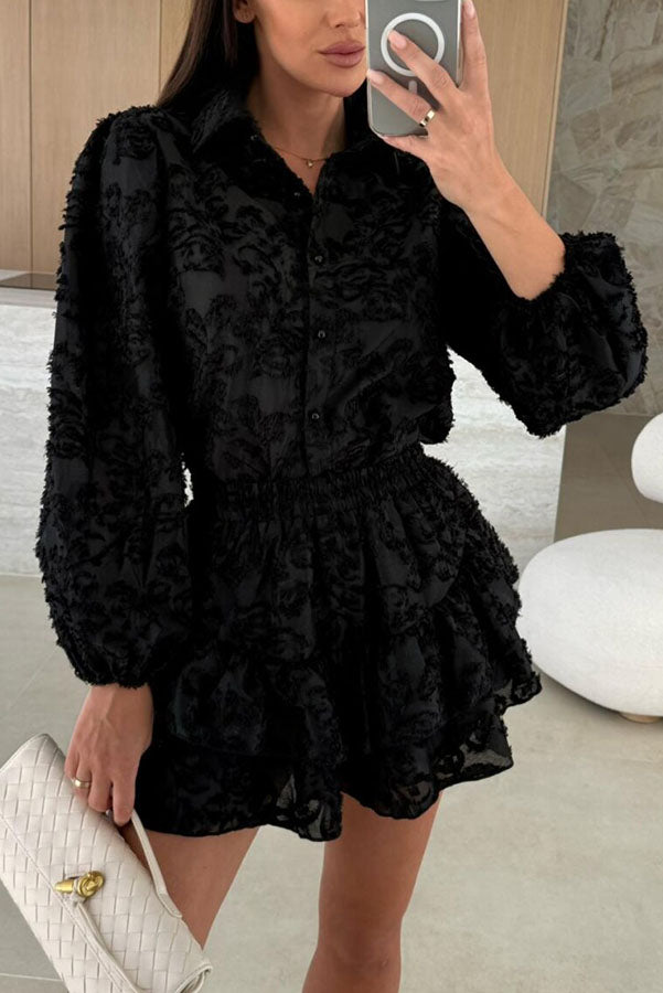 Unique Lace Texture Fabric Balloon Sleeve Blouse and Elastic Waist Layered Skirt Set