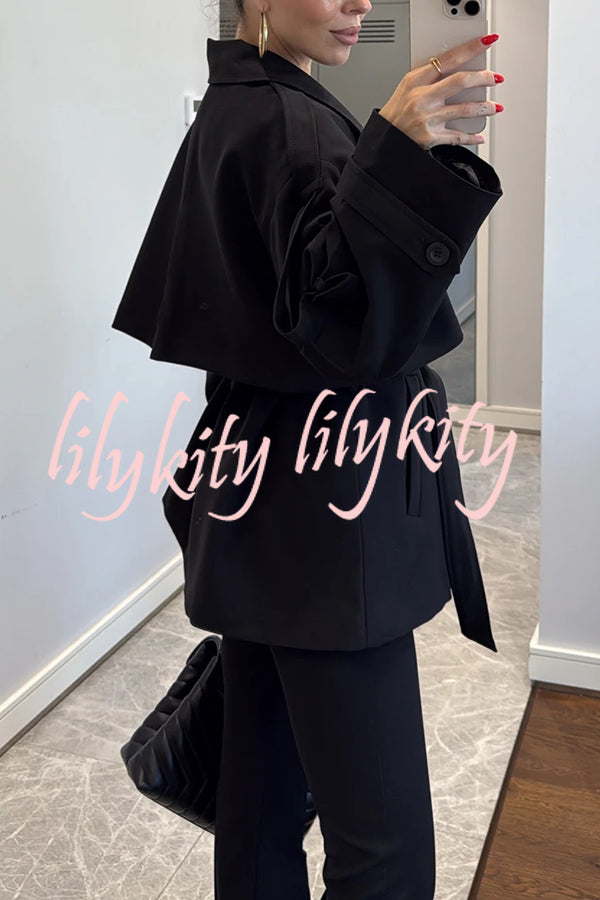 Modern Urban Dropped Shoulder Strap Button Detail Belted Lapel Loose Trench Coat