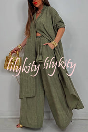 Solid Color Casual Loose Long Shirt and Elastic Waist Pocket Wide Leg Pants Set