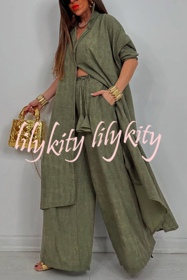 Solid Color Casual Loose Long Shirt and Elastic Waist Pocket Wide Leg Pants Set
