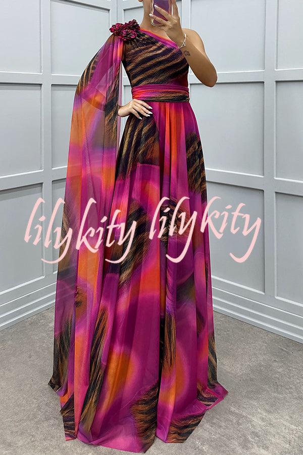 Lucia Unique Print Floral Detail One Shoulder Draped Sleeve Gown Maxi Dress