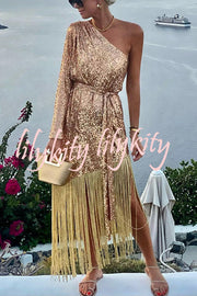 For The Love Gold Sequin One Shoulder Belted Fringes Midi Dress