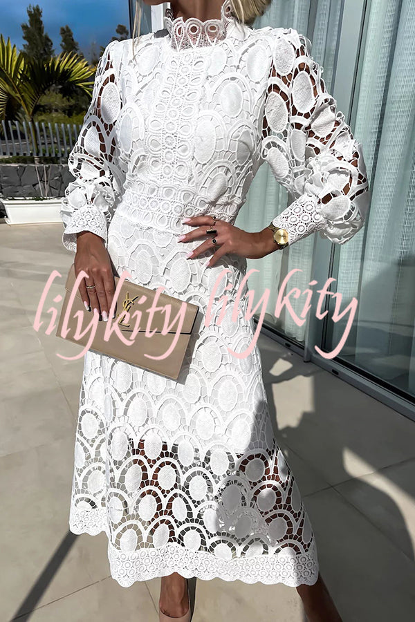 Romantic, Sensual and Elegant Crochet Lace Lantern Sleeve Party Midi Dress