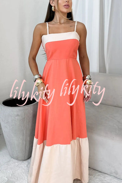 Fashionable Contrast Color Stitching Sling Maxi Dress