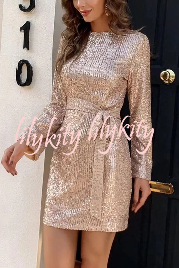 Fashion Sequined Tie Waist Slim Backless Mini Dress