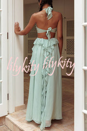 Gorgeous Vacation Halter Rose Detail Cut Out Ruffles Backless Maxi Dress