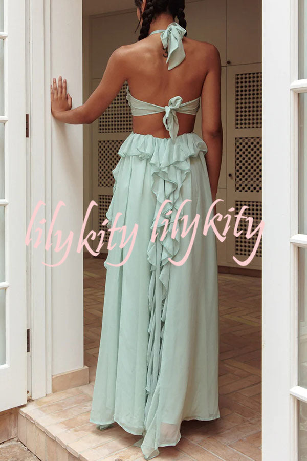 Gorgeous Vacation Halter Rose Detail Cut Out Ruffles Backless Maxi Dress