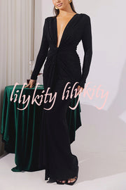 Solid Color Shiny Sexy V-neck Long Sleeve Ribbon Slit Slim Fit Maxi Dress