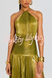Glamorous Metallic Pleated Fabric Open Back Halter Slit Maxi Dress