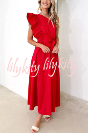 Solid One Shoulder Ruffled Sleeves Tie Waist Maxi Dress