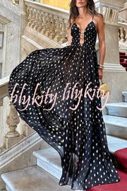 Charming View Chiffon Gold Polka Dot Print Cutout Lightweight Maxi Dress