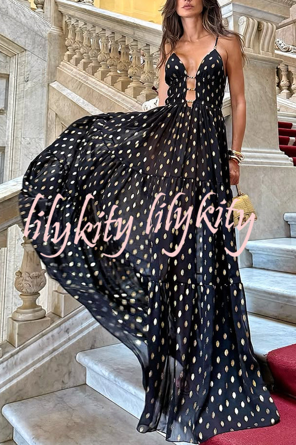 Charming View Chiffon Gold Polka Dot Print Cutout Lightweight Maxi Dress