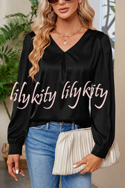 Satin Pleated V-neck Long-sleeved Loose Shirt