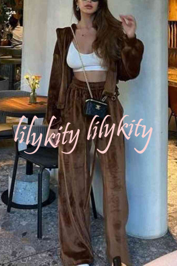 Velvet Casual Zip-up Hooded Top and Elastic Waist Wide Leg Pants Set