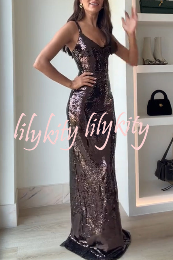 Dazzling Like Flowing Water Sequin V-neck Back Zipper Slit Maxi Dress