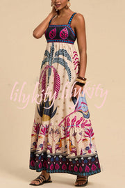 Bohemian Tropical Print Backless Casual Resort Maxi Dress