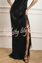 Elegant Splicing Lace Suspenders V-neck Sexy Slit Maxi Dress