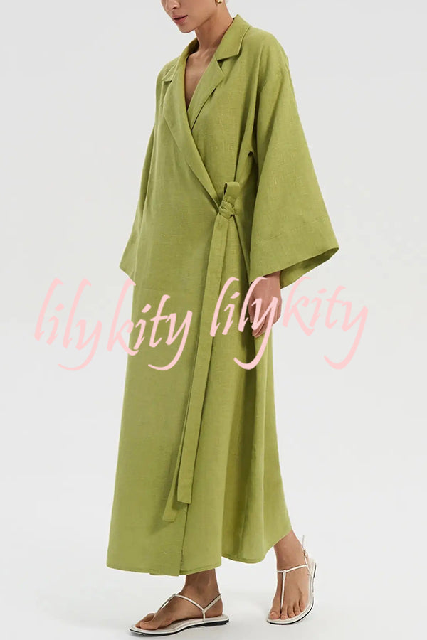 Linen Blend Solid Color Casual Lapel Tie Loose Maxi Dress