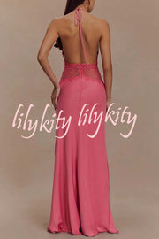 Seductive Details Satin Lace Waist Halter Tie-up Backless Maxi Dress